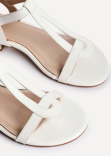 Linzi Deluxe Wide Fit White Faux Leather T Bar Looped Low Heeled Sandal
