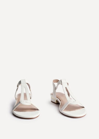 Linzi Deluxe Wide Fit White Faux Leather T Bar Looped Low Heeled Sandal