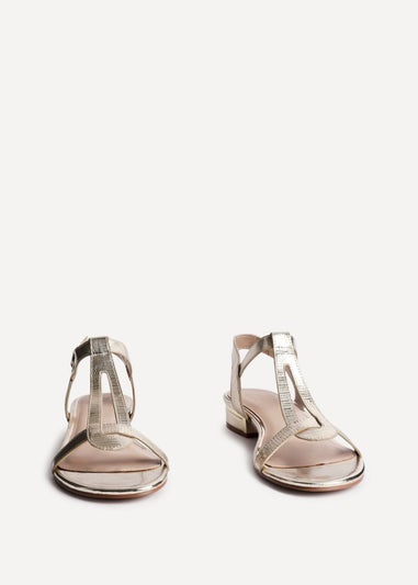 Linzi Deluxe Wide Fit Gold Faux Leather T Bar Looped Low Heeled Sandal