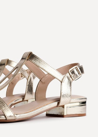 Linzi Deluxe Wide Fit Gold Faux Leather T Bar Looped Low Heeled Sandal