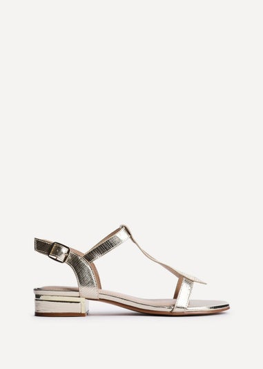 Linzi Deluxe Wide Fit Gold Faux Leather T Bar Looped Low Heeled Sandal