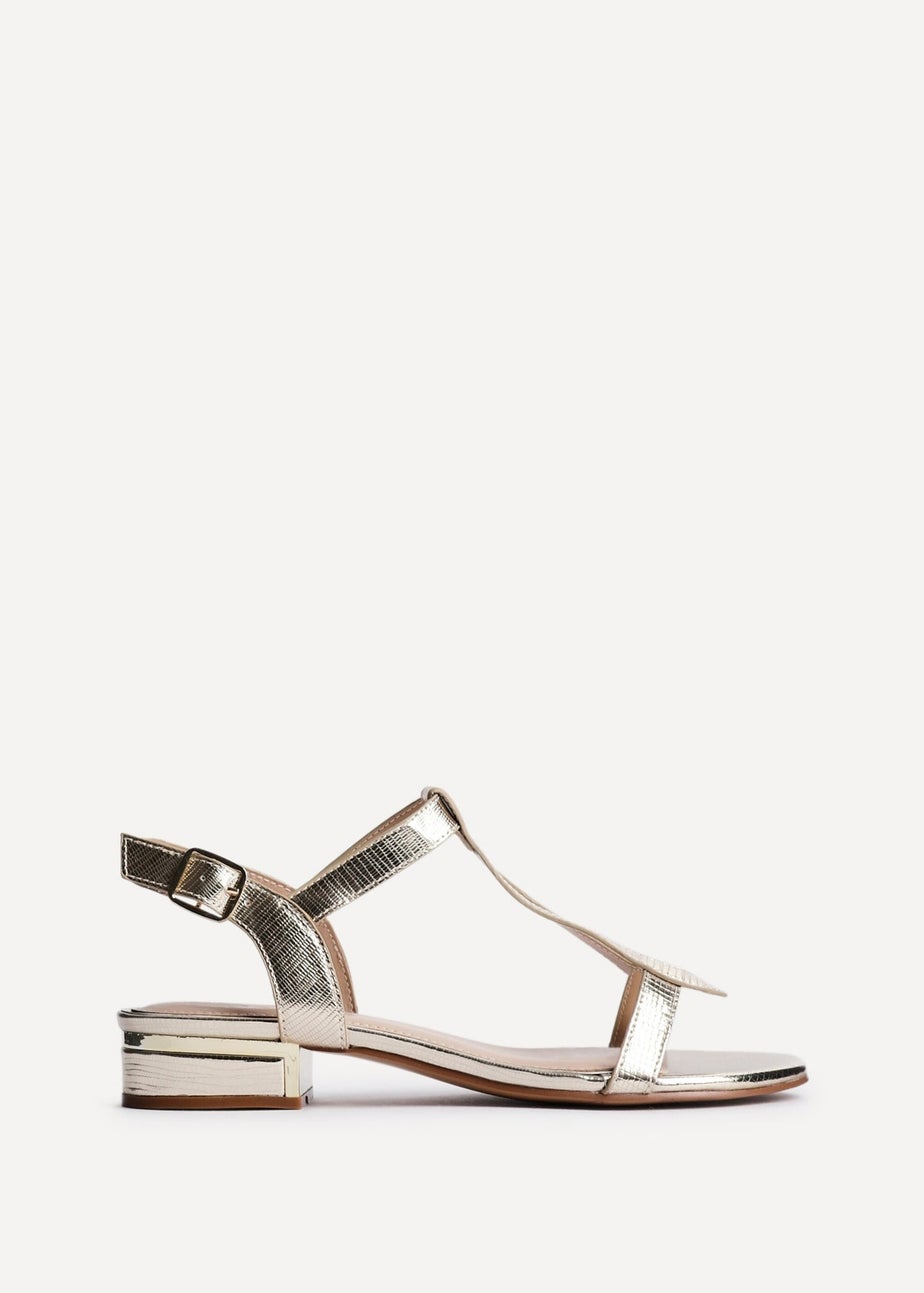 Linzi Deluxe Wide Fit Gold Faux Leather T Bar Looped Low Heeled Sandal