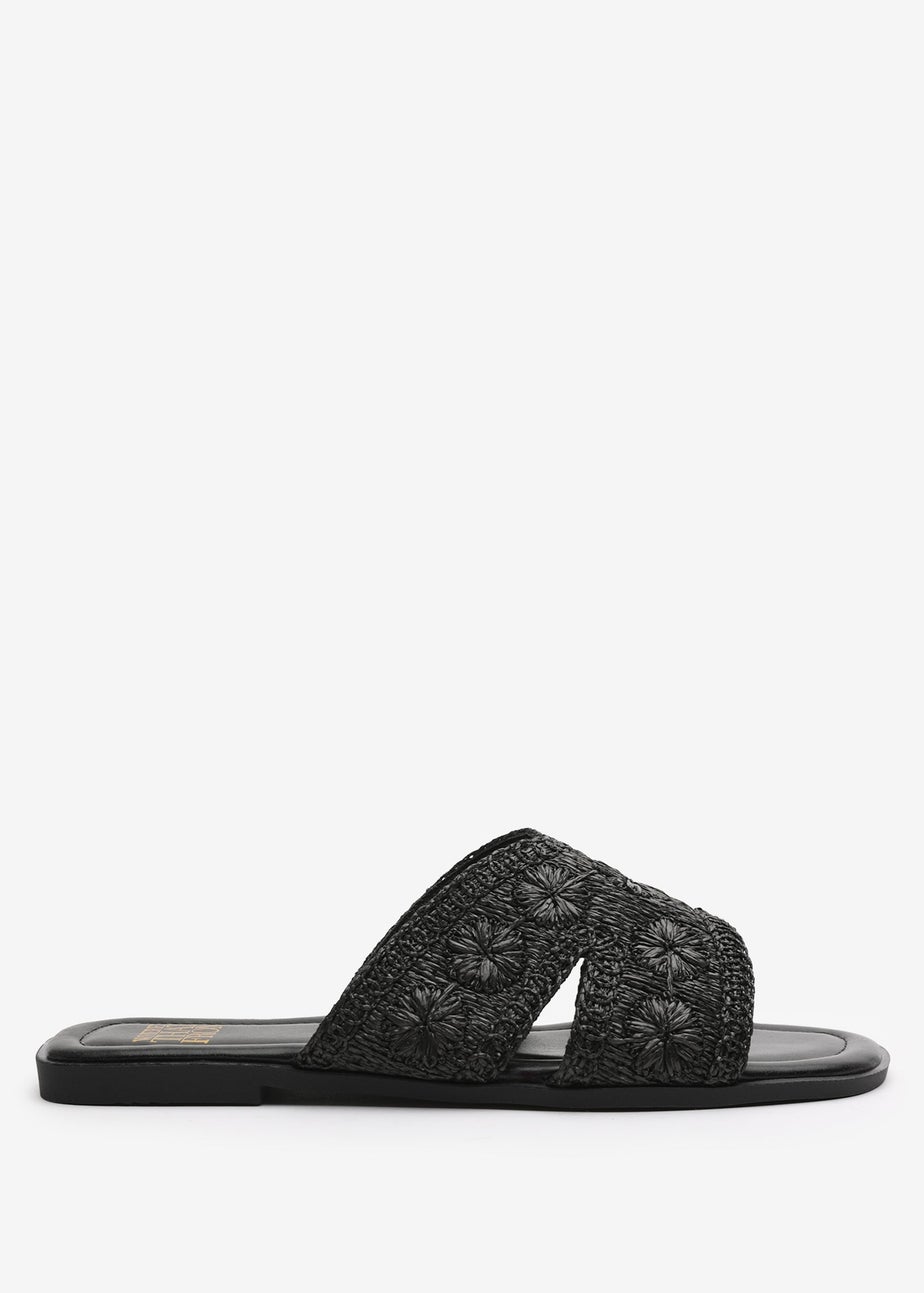 Where's That From Alaska Black Raffia Floral Embroidery Flat Sandals