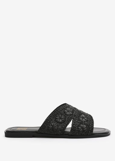 Where's That From Alaska Black Raffia Floral Embroidery Flat Sandals