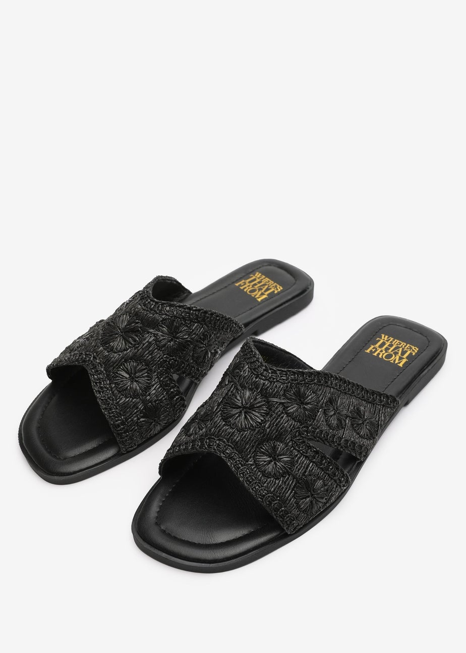 Where's That From Alaska Black Raffia Floral Embroidery Flat Sandals