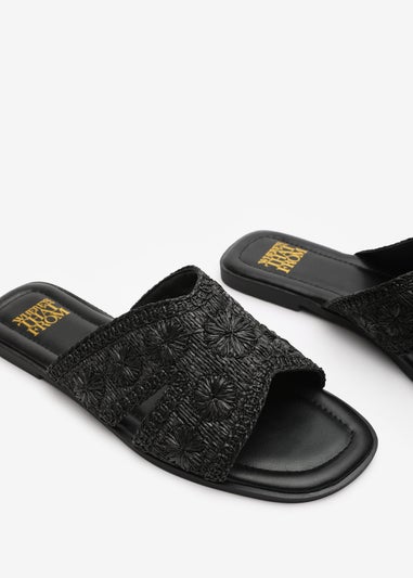 Where's That From Alaska Black Raffia Floral Embroidery Flat Sandals