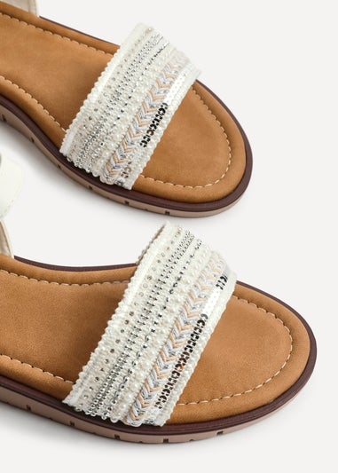 Linzi Topaz Wide Fit White Raffia Embellished Flat Sandals