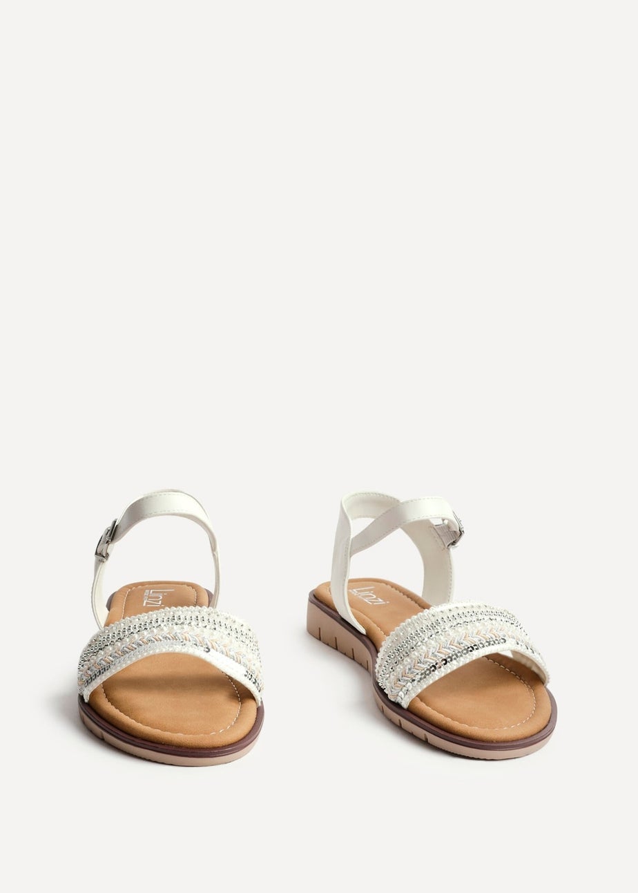 Linzi Topaz Wide Fit White Raffia Embellished Flat Sandals