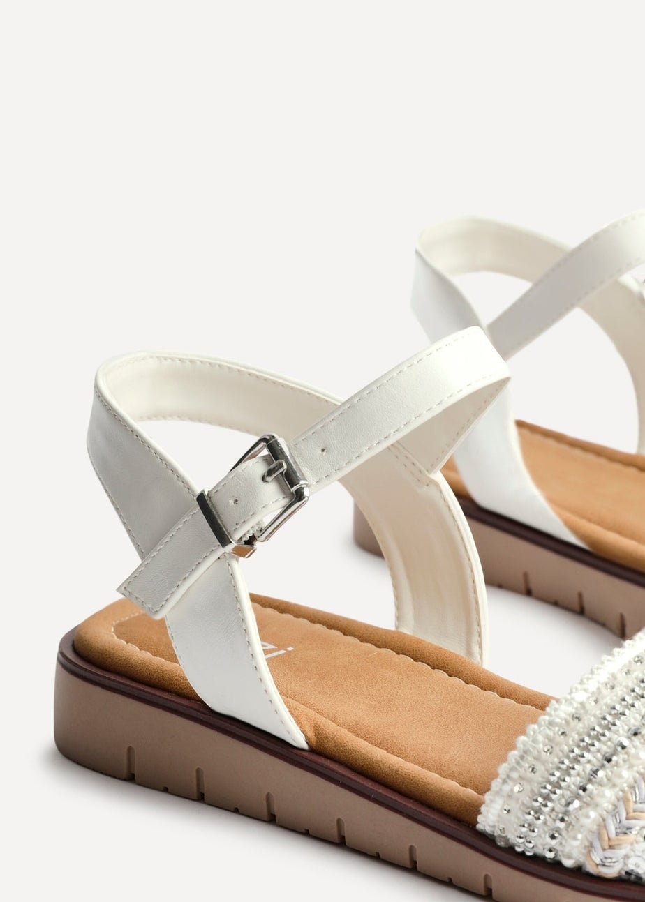 Linzi Topaz Wide Fit White Raffia Embellished Flat Sandals