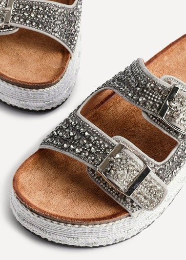 Linzi Glitzy Silver Diamante Double Buckle Flatform Slider Sandal