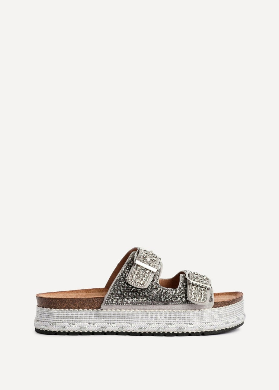 Linzi Glitzy Silver Diamante Double Buckle Flatform Slider Sandal