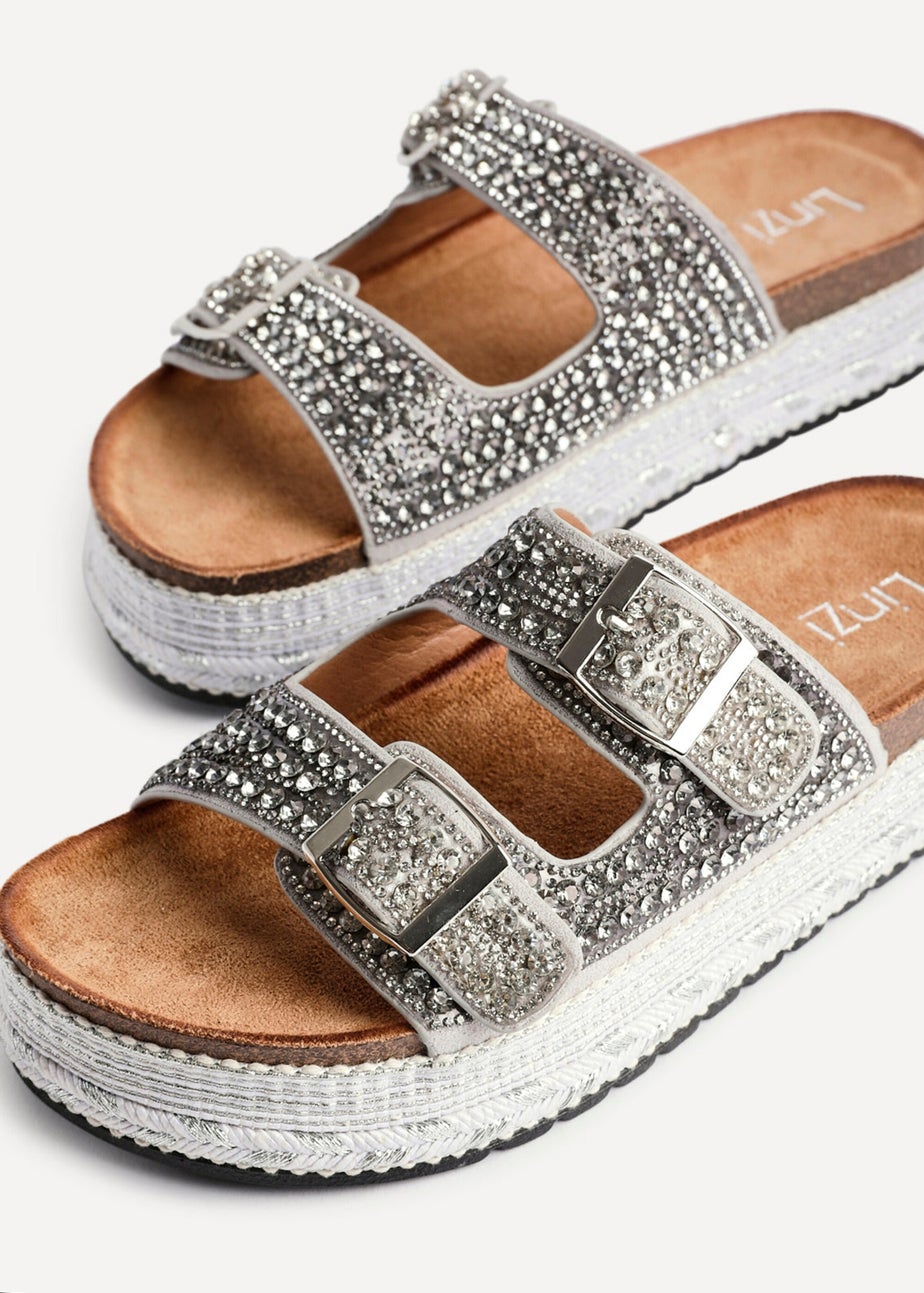 Linzi Glitzy Silver Diamante Double Buckle Flatform Slider Sandal