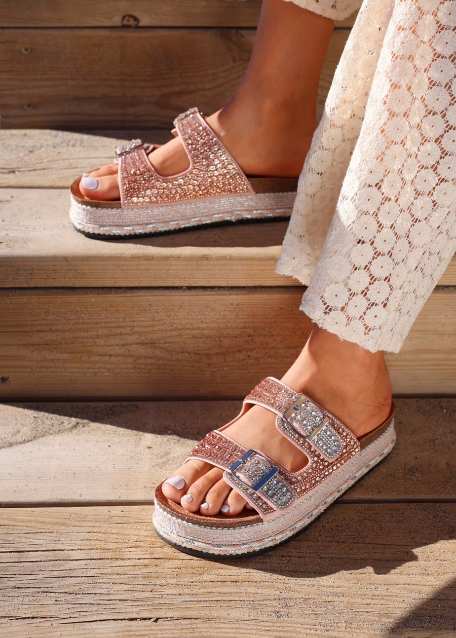 Linzi Glitzy Pink Diamante Double Buckle Flatform Slider Sandal