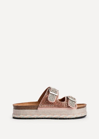 Linzi Glitzy Pink Diamante Double Buckle Flatform Slider Sandal