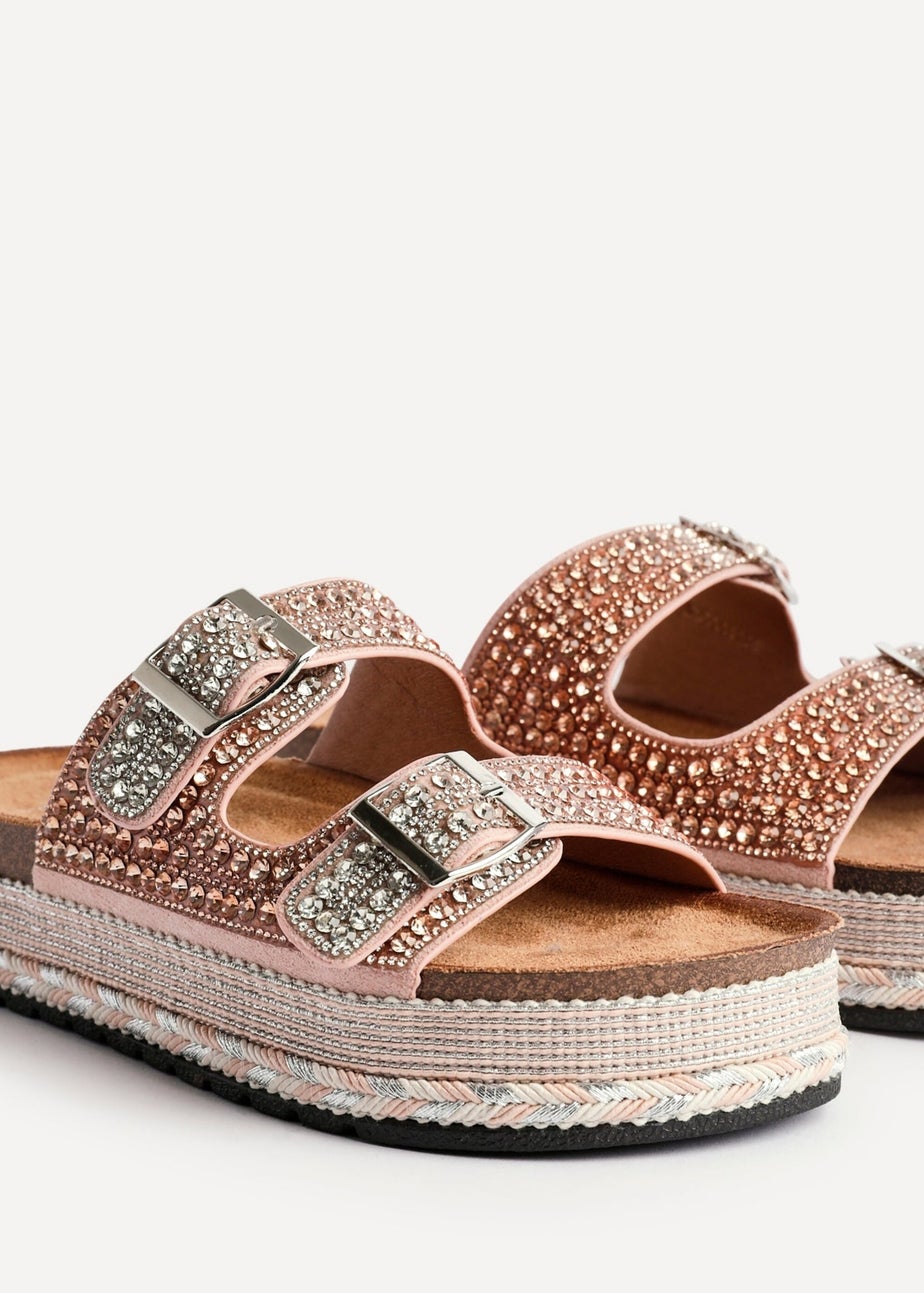 Linzi Glitzy Pink Diamante Double Buckle Flatform Slider Sandal
