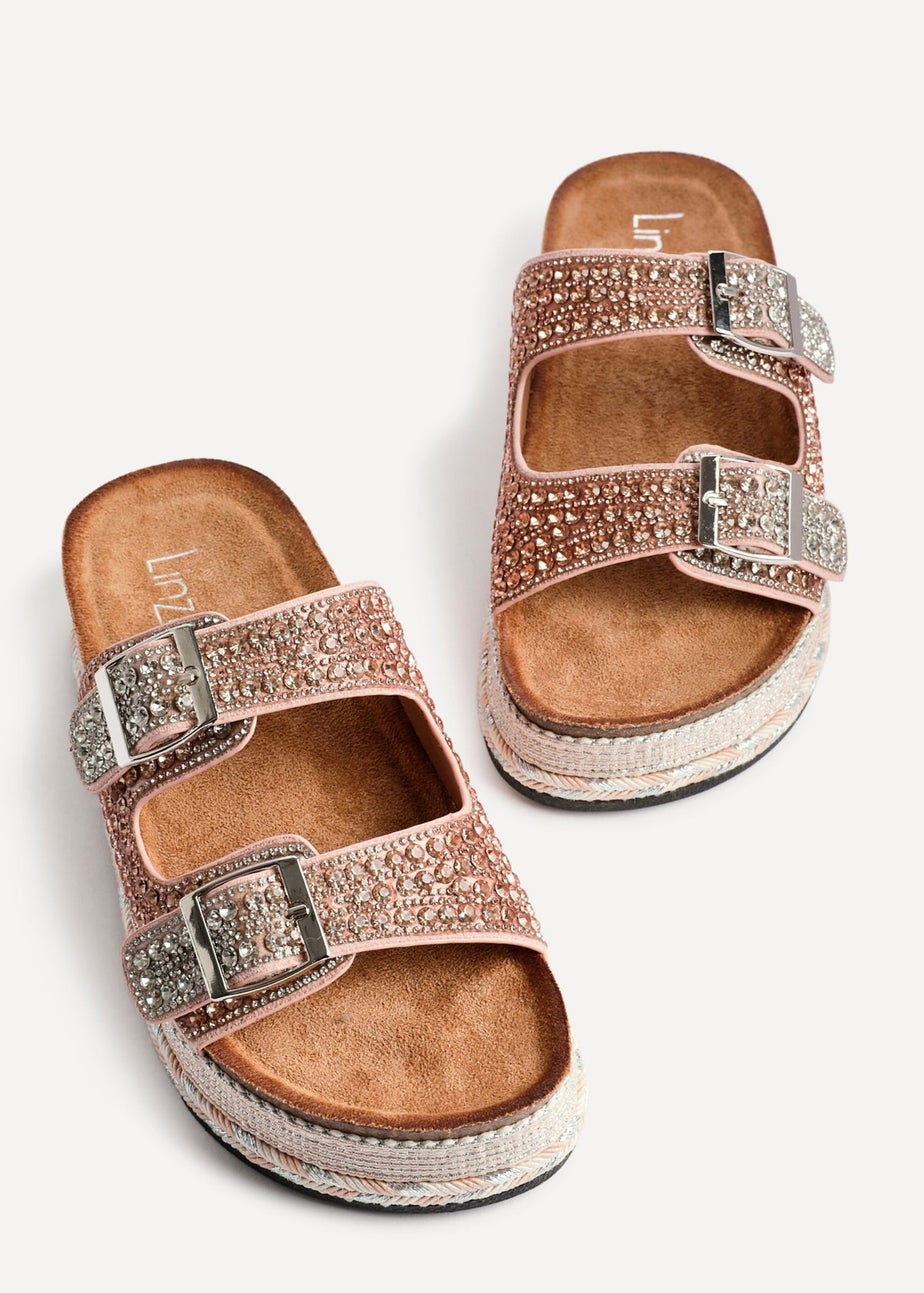 Linzi Glitzy Pink Diamante Double Buckle Flatform Slider Sandal