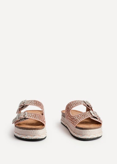 Linzi Glitzy Pink Diamante Double Buckle Flatform Slider Sandal