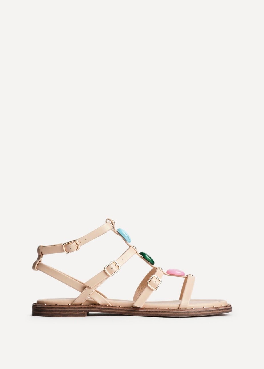 Linzi Mimi Sand Faux Leather Embellished Gladiator Flat Sandal