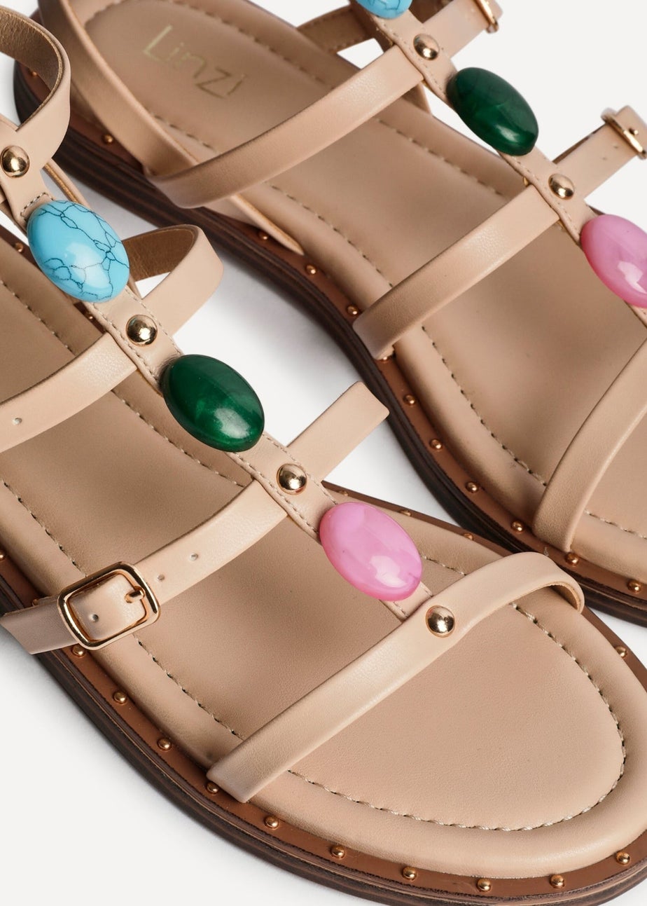 Linzi Mimi Sand Faux Leather Embellished Gladiator Flat Sandal