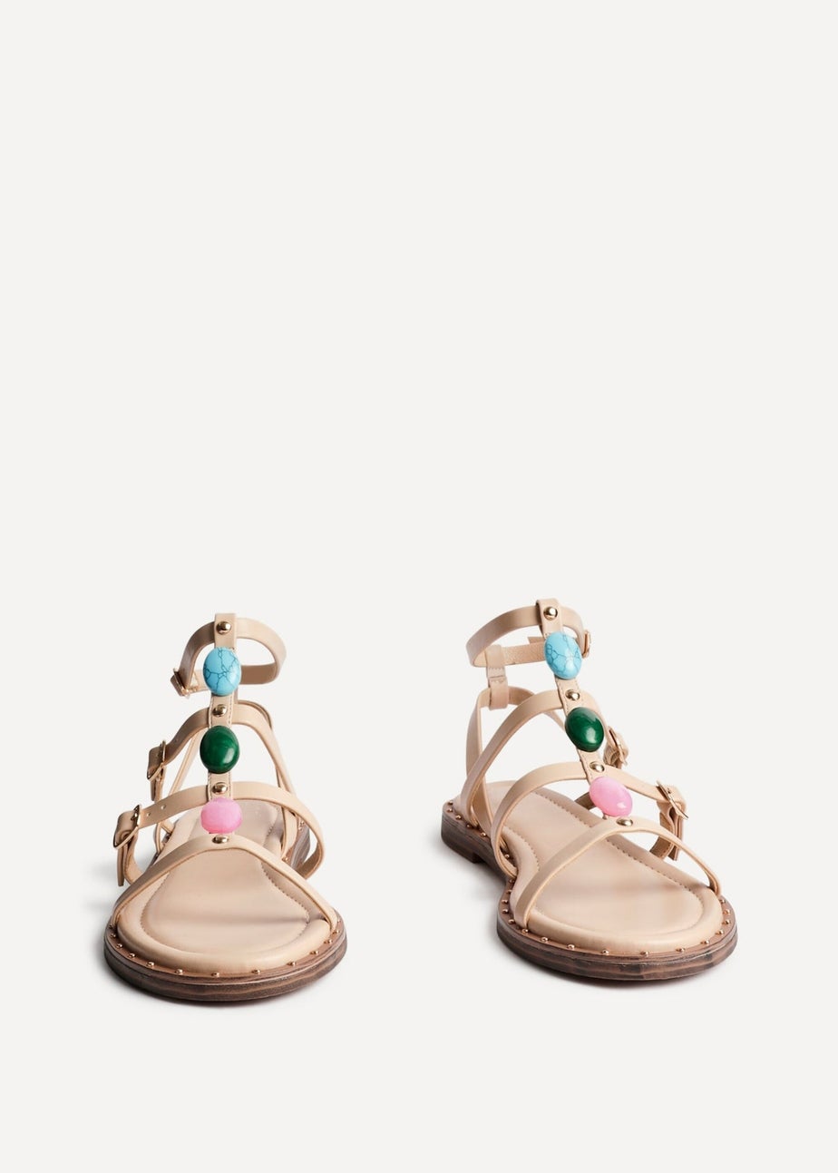 Linzi Mimi Sand Faux Leather Embellished Gladiator Flat Sandal