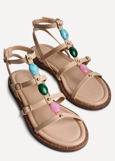 Linzi Mimi Sand Faux Leather Embellished Gladiator Flat Sandal