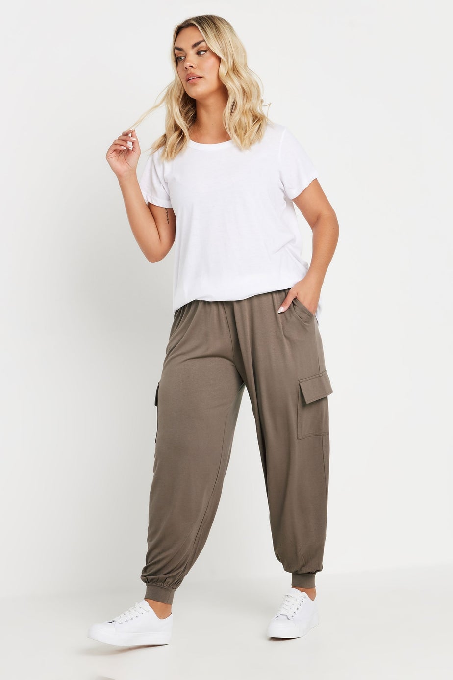 Yours Curve Brown Cargo Harem Joggers