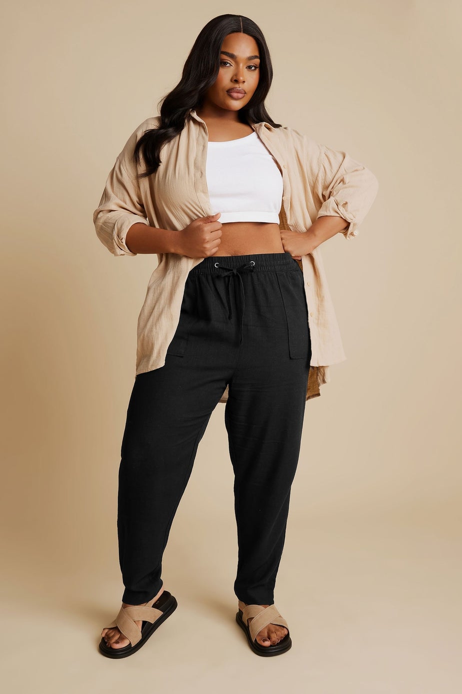 Yours Curve Black Linen Tie Front Joggers