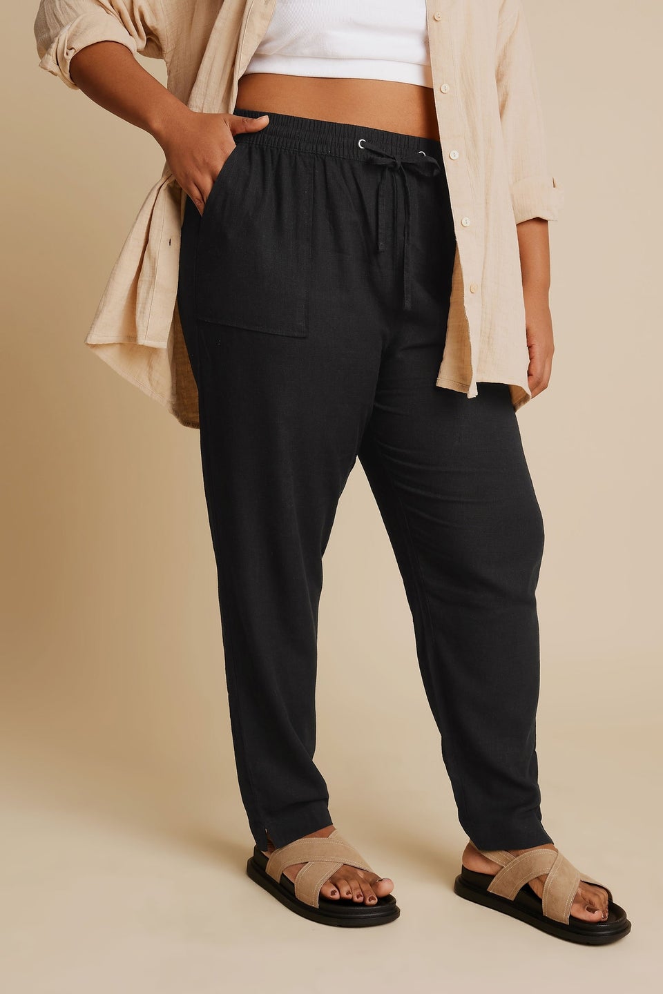 Yours Curve Black Linen Tie Front Joggers