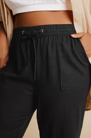 Yours Curve Black Linen Tie Front Joggers