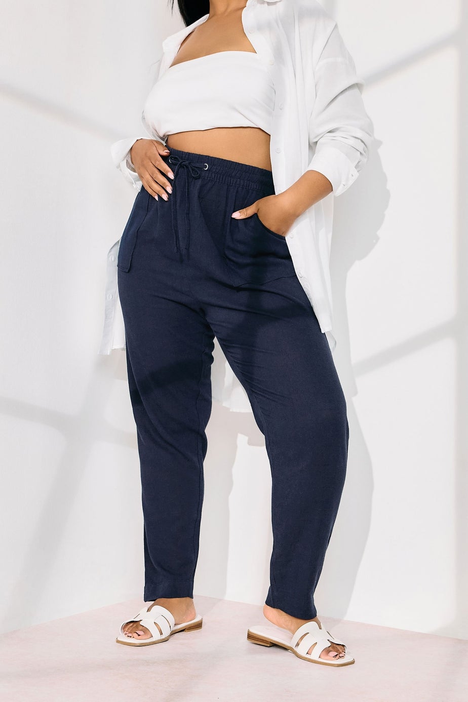 Yours Curve Navy Blue Linen Tie Front Joggers