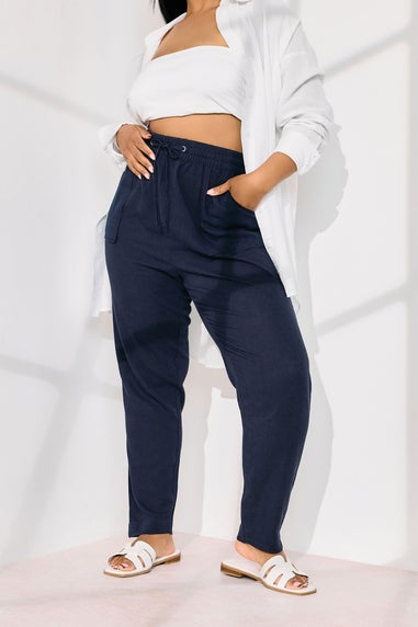 Yours Curve Navy Blue Linen Tie Front Joggers
