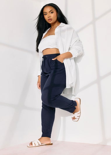 Yours Curve Navy Blue Linen Tie Front Joggers