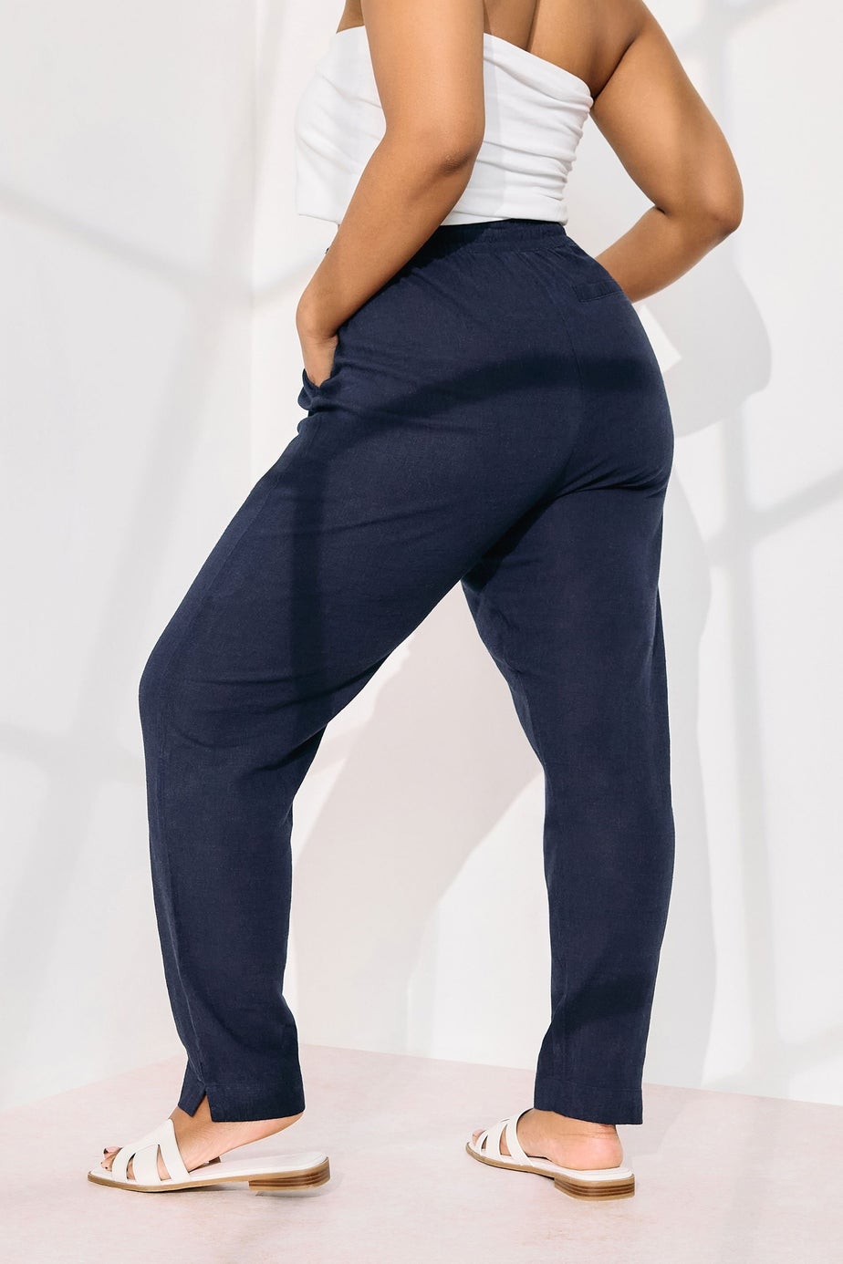 Yours Curve Navy Blue Linen Tie Front Joggers