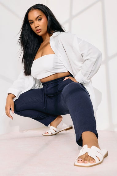 Yours Curve Navy Blue Linen Tie Front Joggers