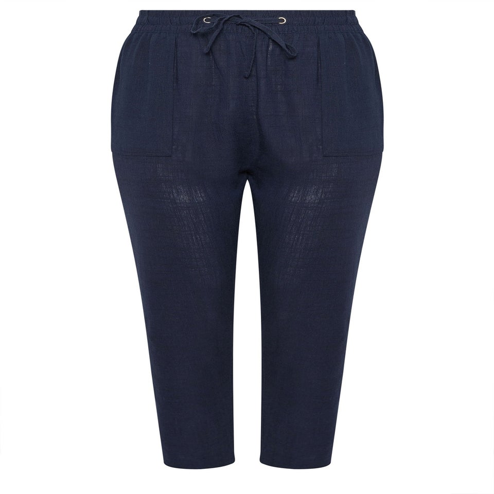Yours Curve Navy Blue Linen Tie Front Joggers