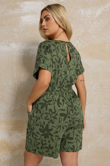 YOURS Curve Khaki Green Floral Print Cotton Playsuit