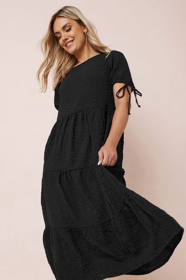 Yours Curve Black Textured Ditsy Floral Tie Back Dress