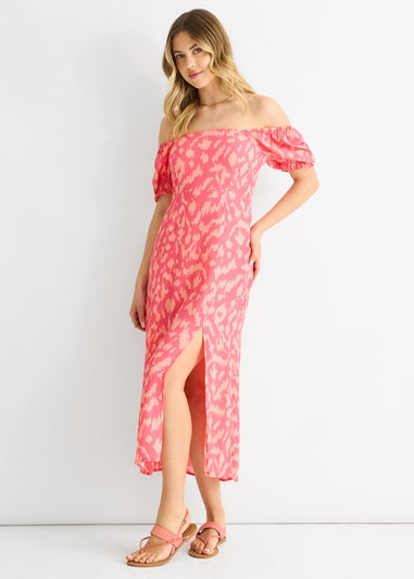 Gini London Pink Animal Print Square Neck Viscose Midi Dress