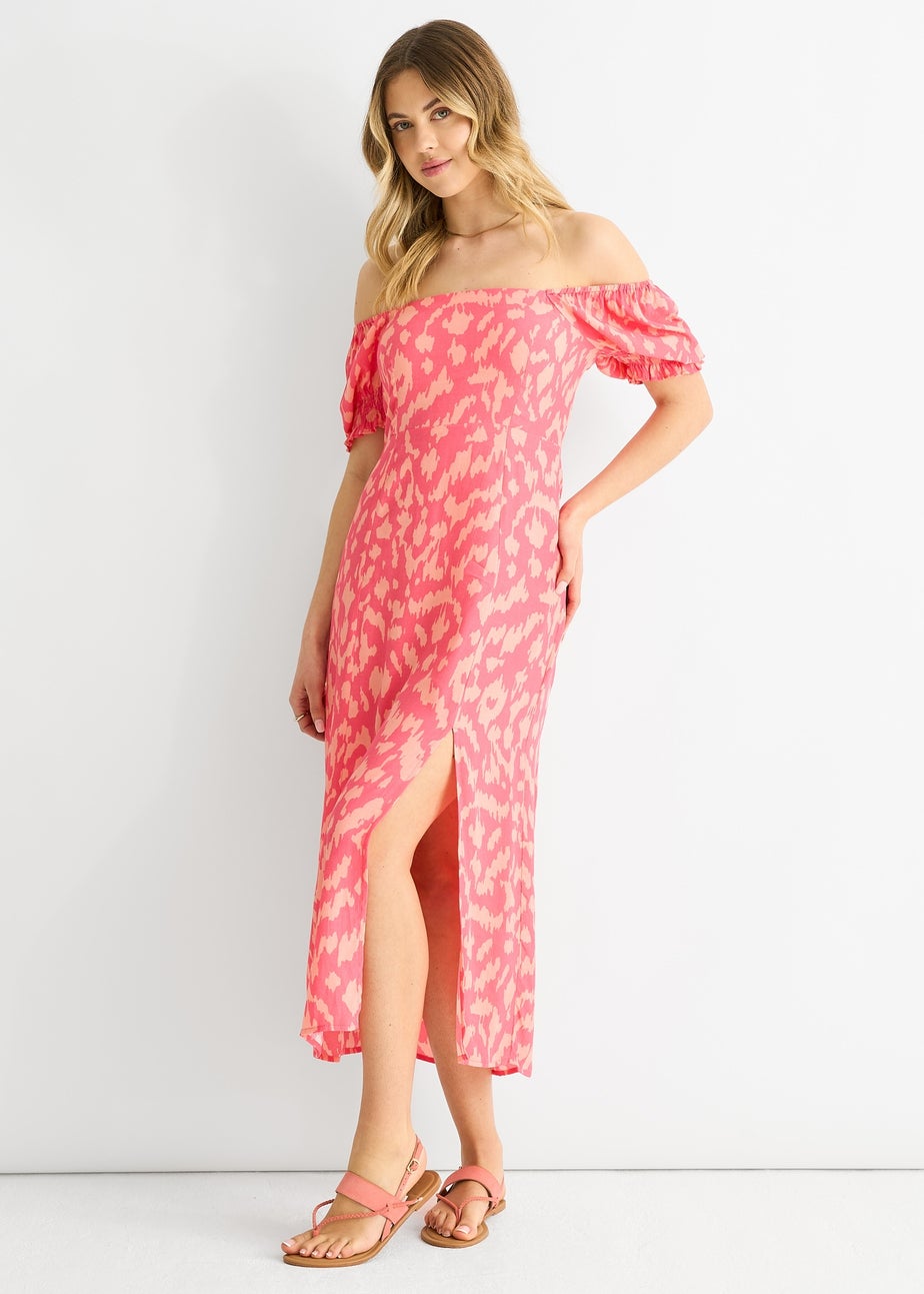 Gini London Pink Animal Print Square Neck Viscose Midi Dress