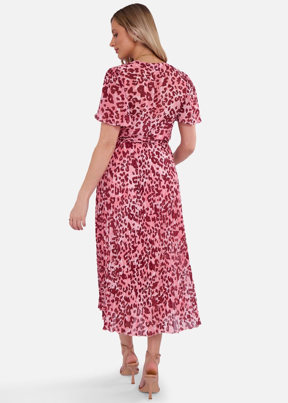 Gini London Pink Animal Print Wrap Pleated Midi Dress