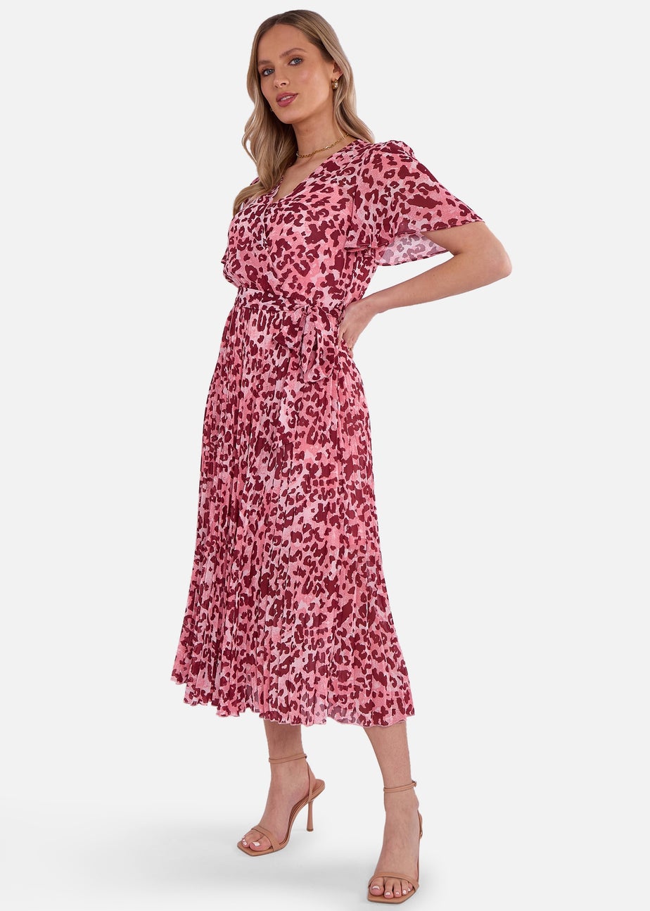 Gini London Pink Animal Print Wrap Pleated Midi Dress
