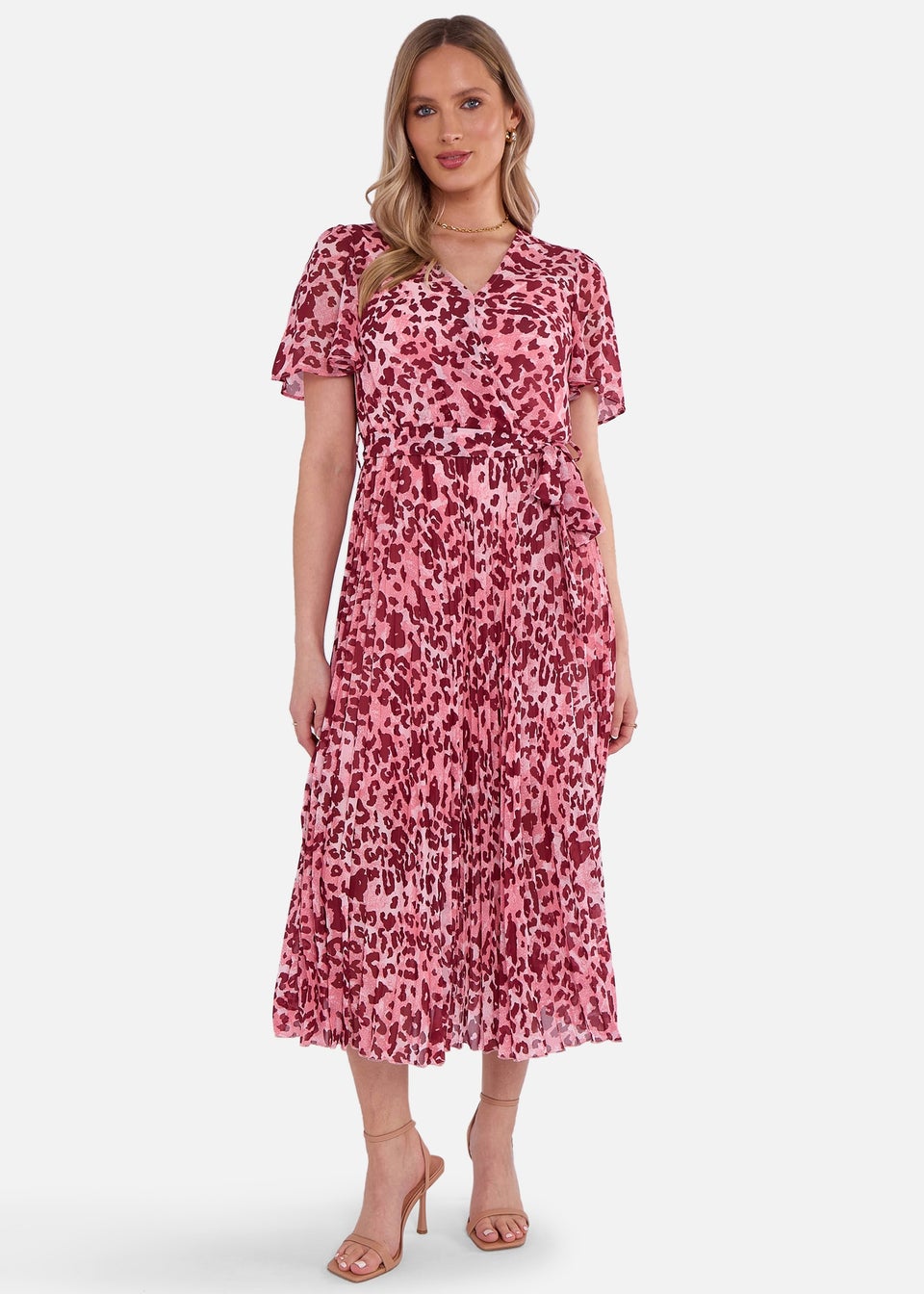 Gini London Pink Animal Print Wrap Pleated Midi Dress