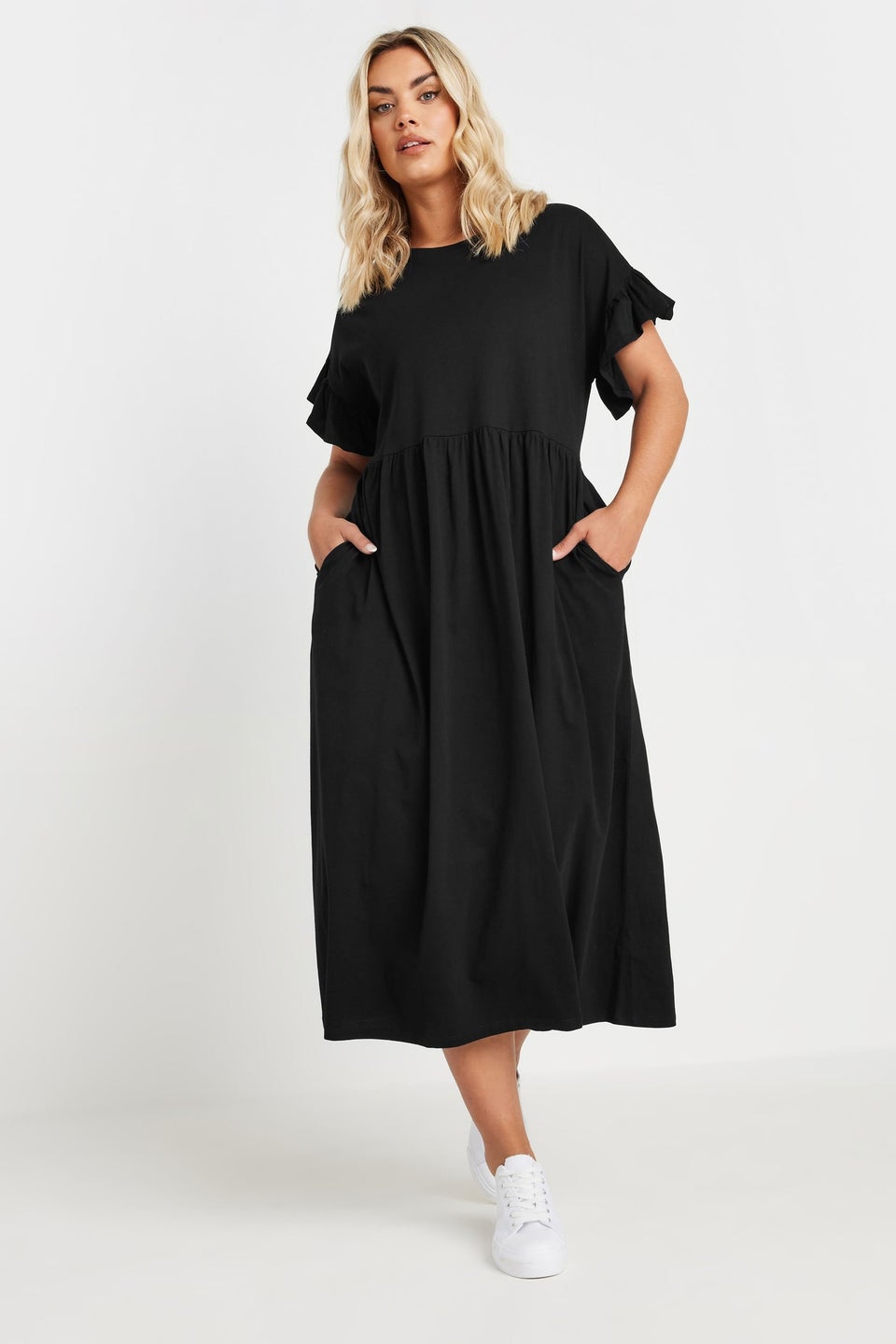 Yours Curve Black Cotton Frill Sleeve Midaxi Dress