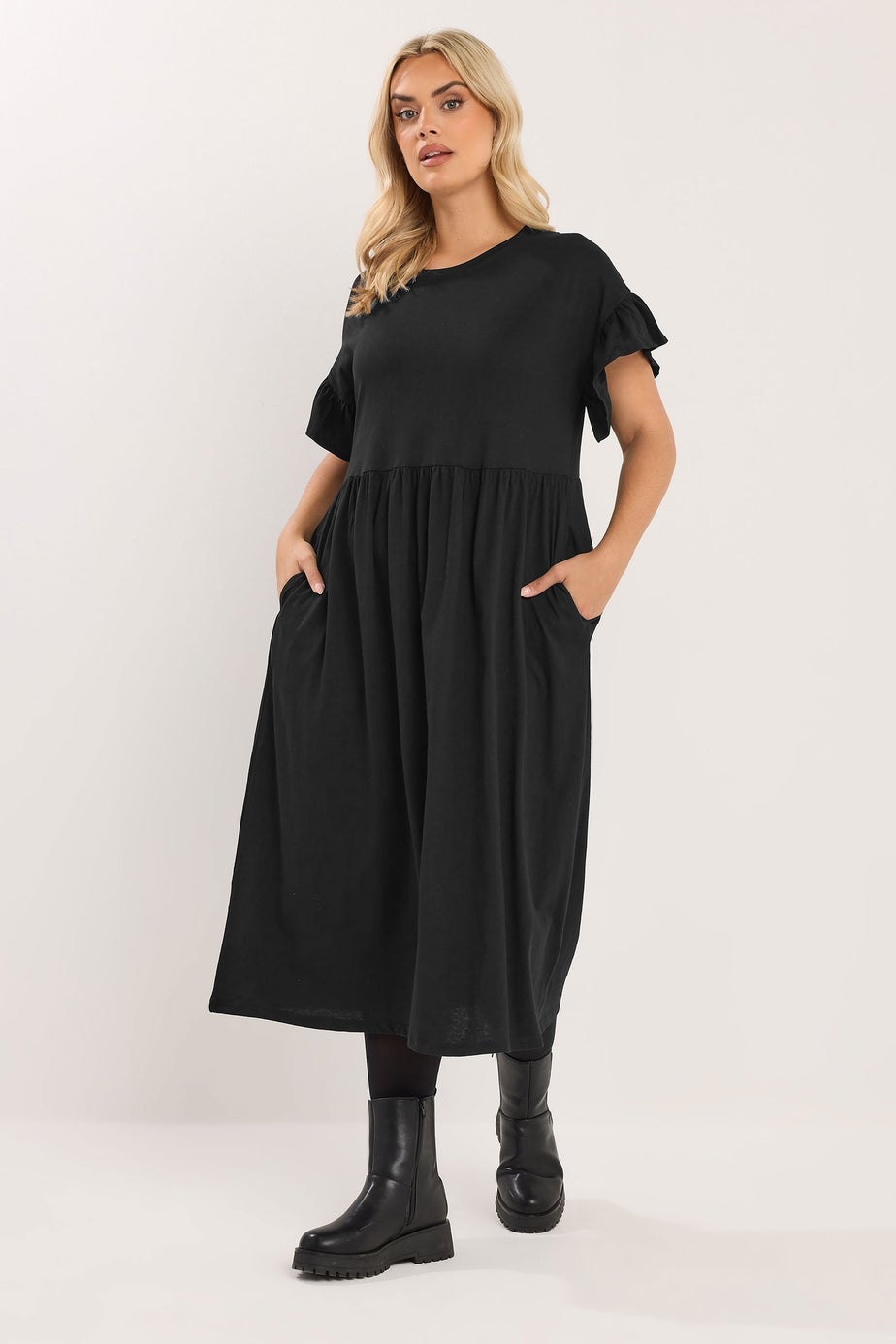 Yours Curve Black Cotton Frill Sleeve Midaxi Dress