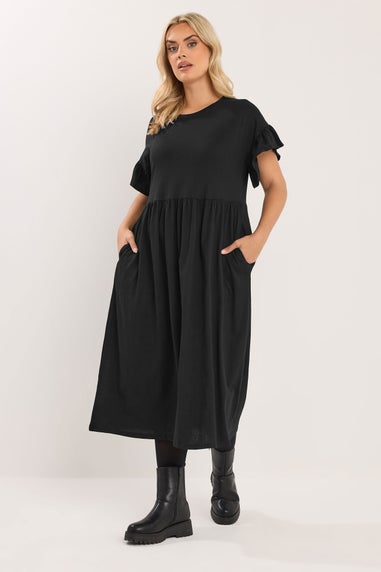 Yours Curve Black Cotton Frill Sleeve Midaxi Dress