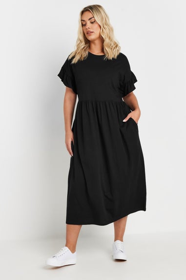 Yours Curve Black Cotton Frill Sleeve Midaxi Dress