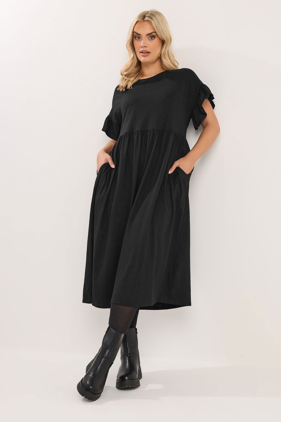 Yours Curve Black Cotton Frill Sleeve Midaxi Dress