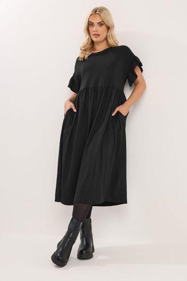 Yours Curve Black Cotton Frill Sleeve Midaxi Dress