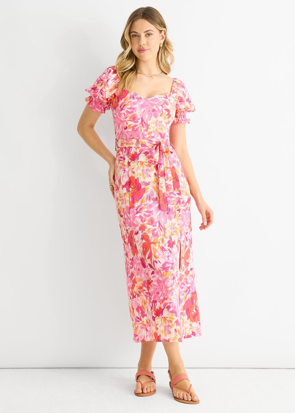 Gini London Red Floral Puff Sleeves Belted Midi Dress