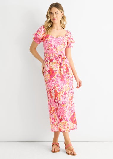 Gini London Red Floral Puff Sleeves Belted Midi Dress